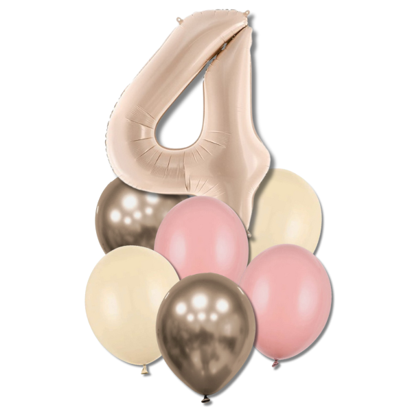 Balónkový buket s číslicí 4 - (tm.béžová, zaprášená růže,alabastr,prosecco chrom.)