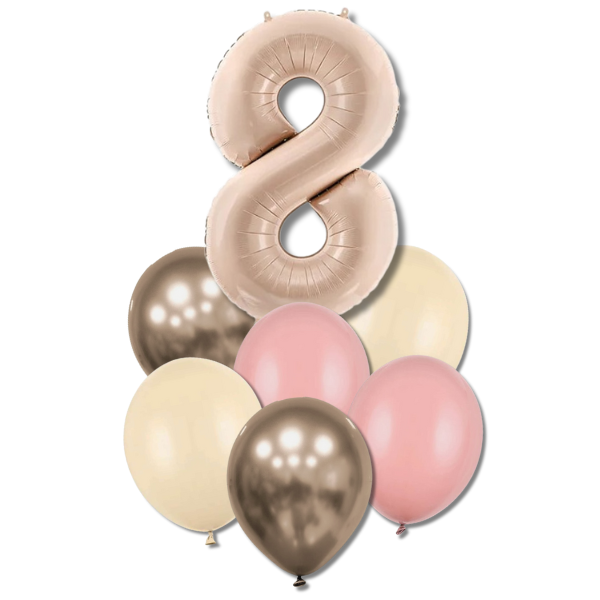 Balónkový buket s číslicí 8 - (tm.béžová, zaprášená růže,alabastr,prosecco chrom.)
