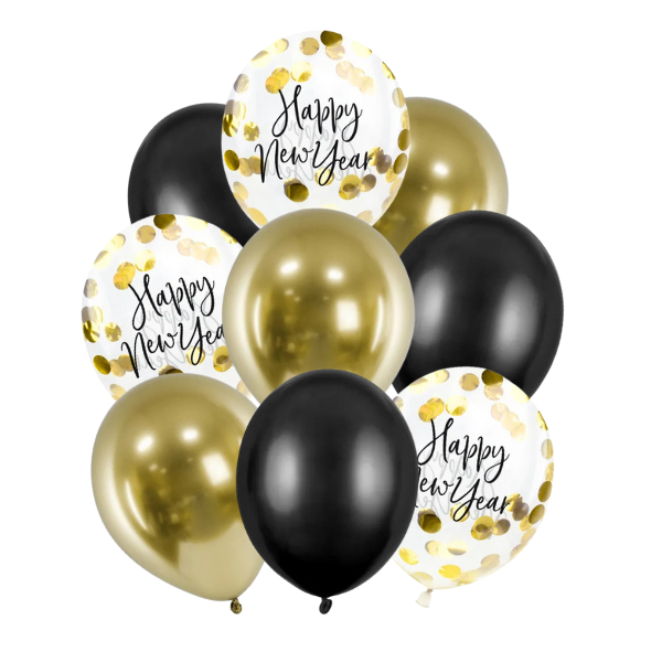 Balónkový set - Happy New Year černo-zlatý s konfetami 9 ks