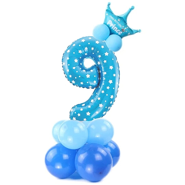 Balónový set Číslica 9 s korunkou na podstavci modrá